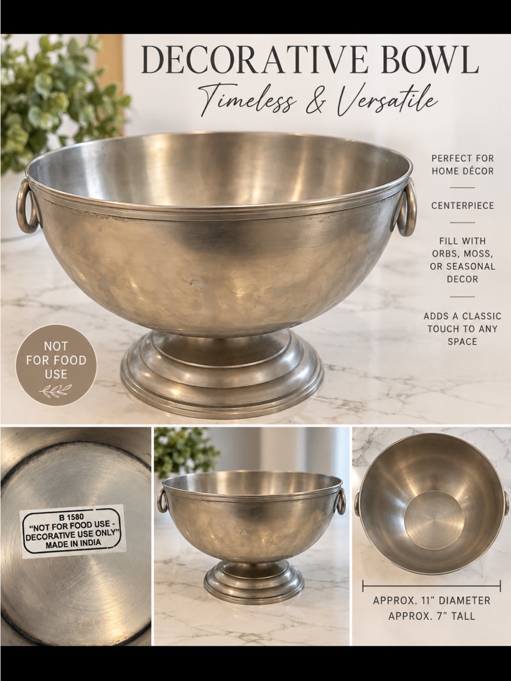 Source Unknown Silver Decorative Pedestal Bowl with Side Rings